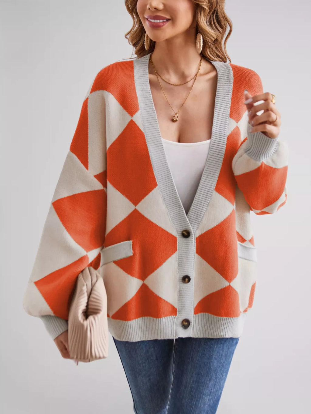 Diamond Pattern Button-up Knit Cardigan (23)