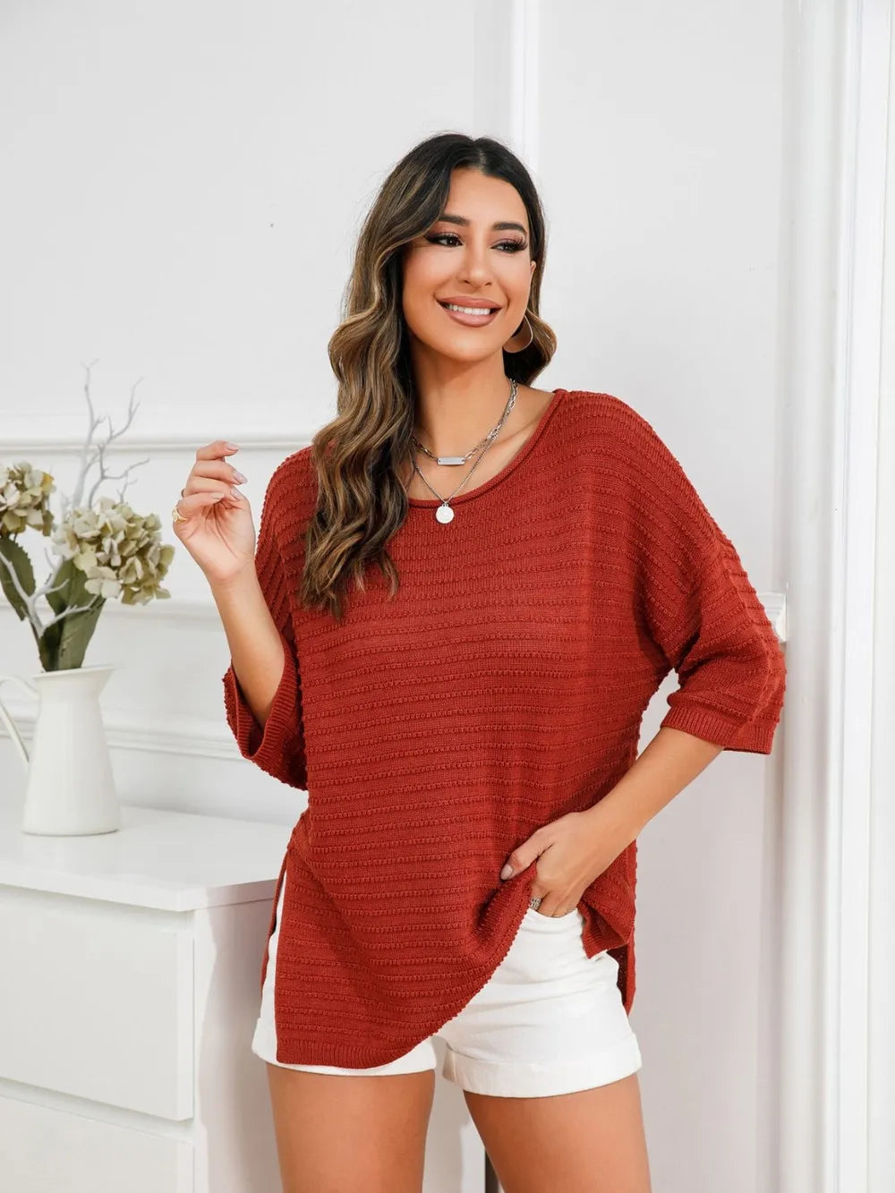 Rolled Round Neck Dropped Shoulder Slit Sweater (15)