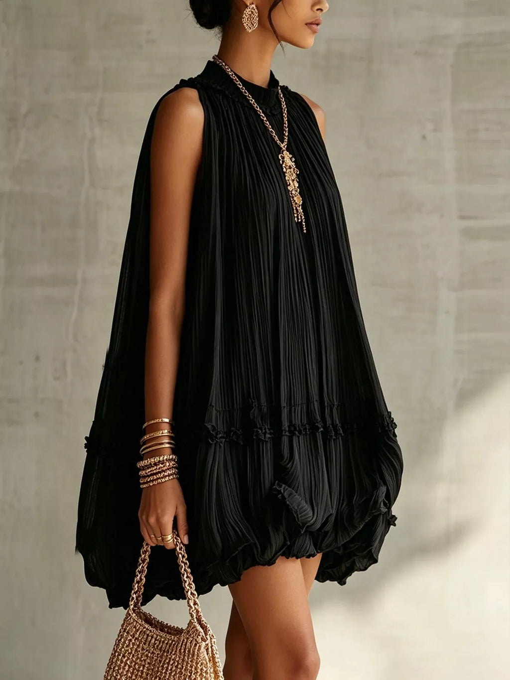 Pleated Mock Neck Sleeveless Mini Dress (9)