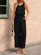 Sleeveless Button-front Wide Leg Jumpsuit (5)