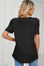Heathered V-neck Puff Sleeve T-shirt (16)