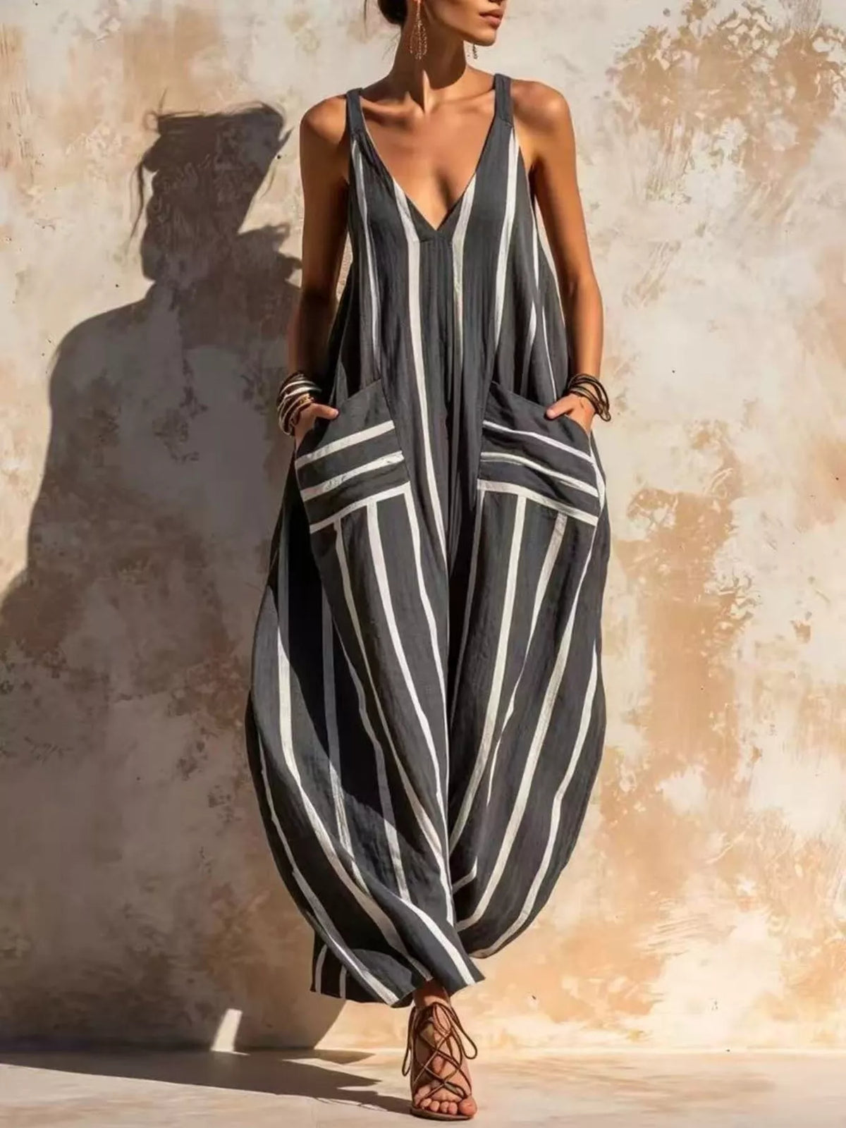 Striped V-neck Sleeveless Wide-leg Jumpsuit (7)