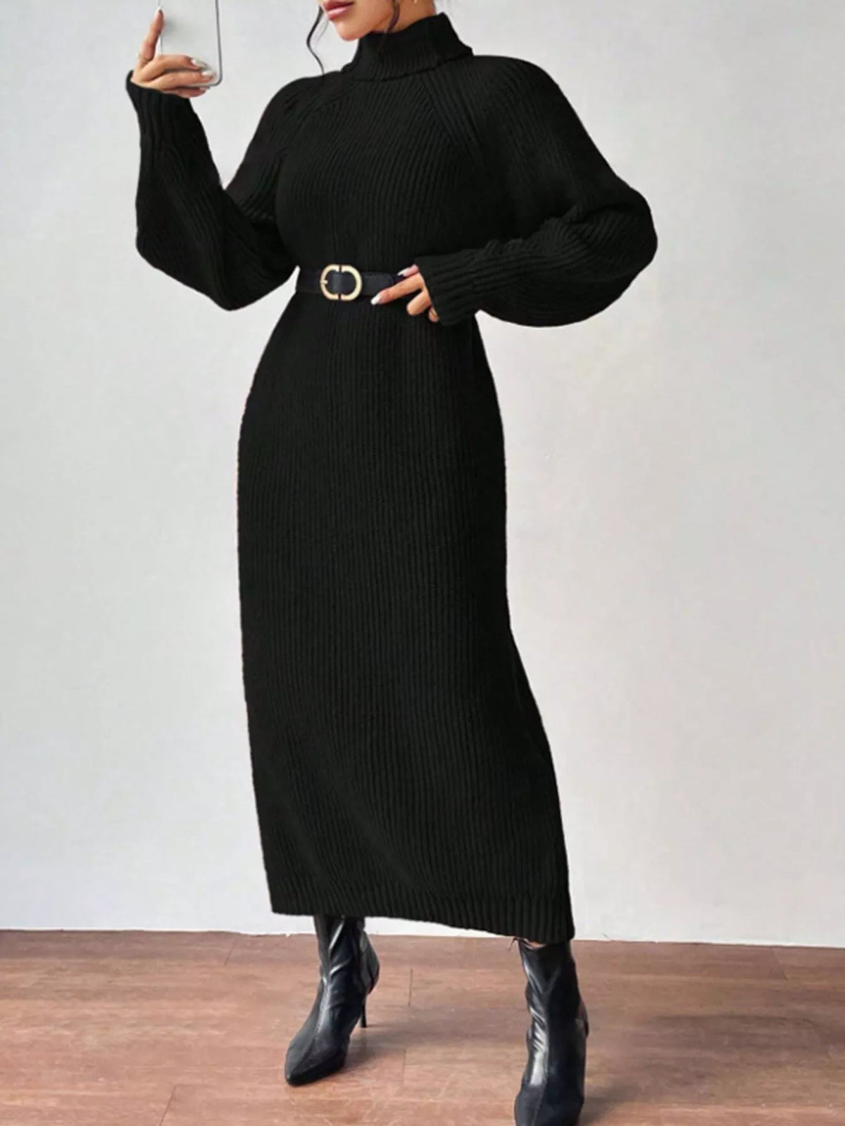 Turtleneck Ribbed Knit Midi Sweater Dress (3)