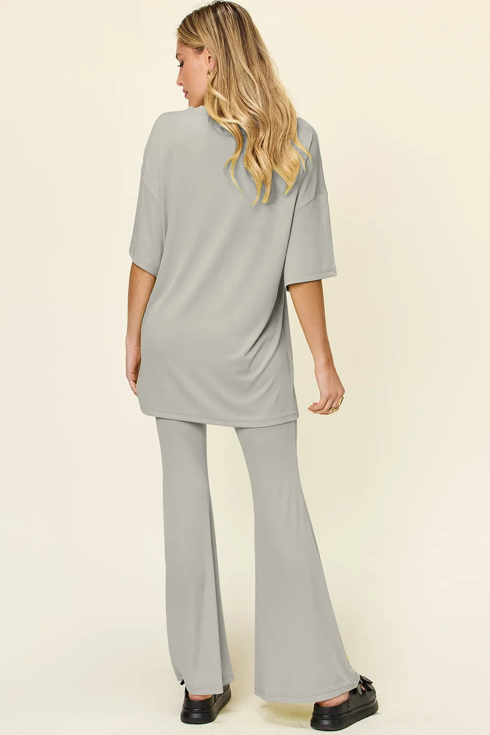 Full Size Round Neck Drop Shoulder T-shirt Flare Pants Set (20)
