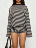 Striped Long-sleeve Top Shorts Set (5)