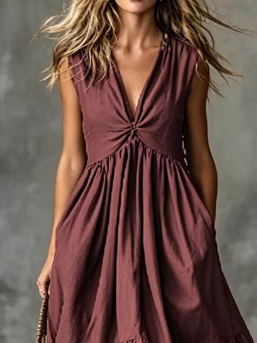 V-neck Twisted Tiered Midi Dress (2)