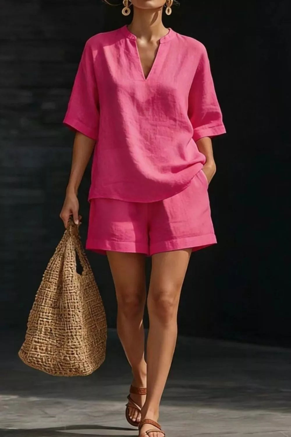 Notched Half Sleeve Top Shorts Set