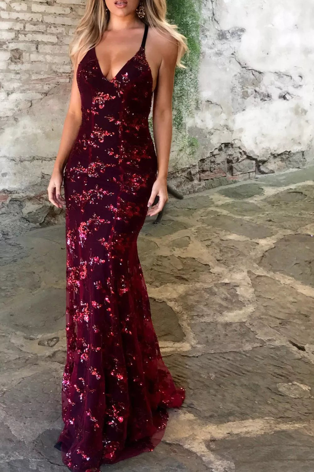 Full Size Sequin Tie Back V-neck Maxi Dress Plus (18)