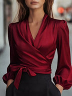 Elegant Satin Wrap Blouse Bow Detail