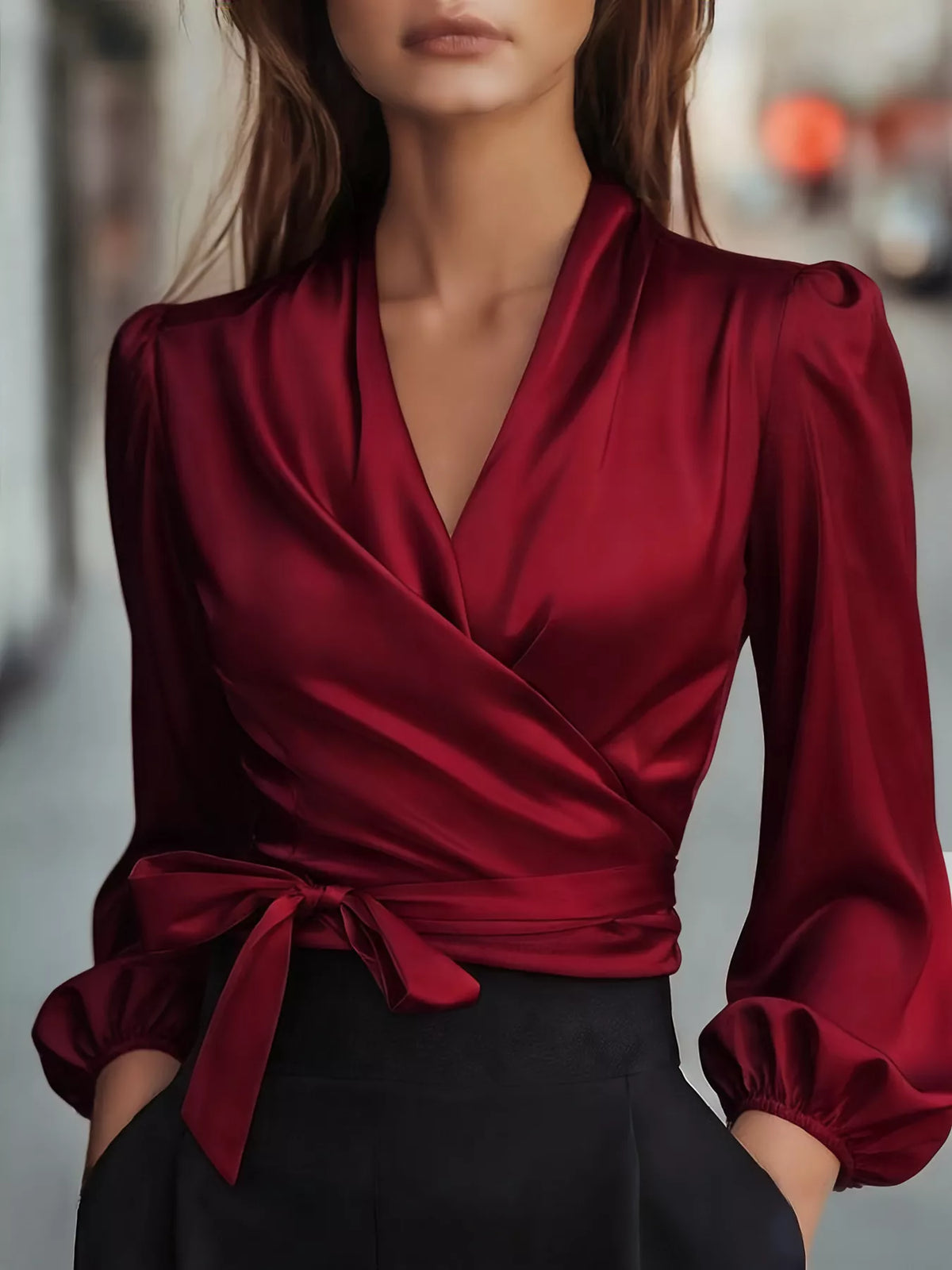 Elegant Satin Wrap Blouse Bow Detail