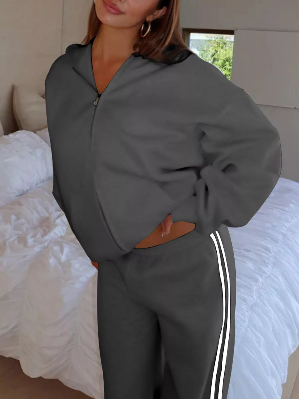 Zip Up Hoodie Striped Pants Set (21)