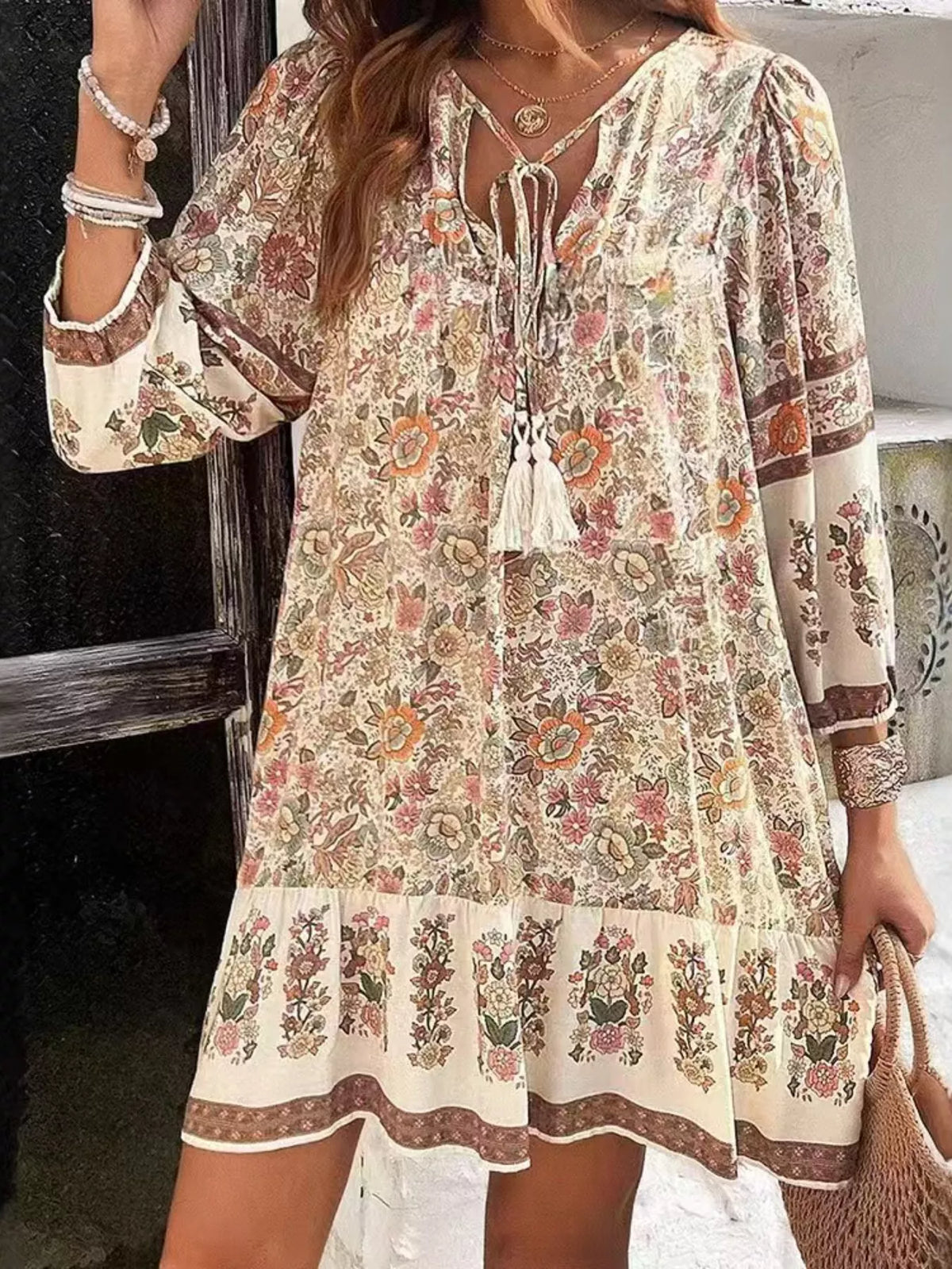 Floral Print Tassel Tie Neck Mini Dress (19)