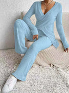 Surplice Long Sleeve Top Pants Set (13)