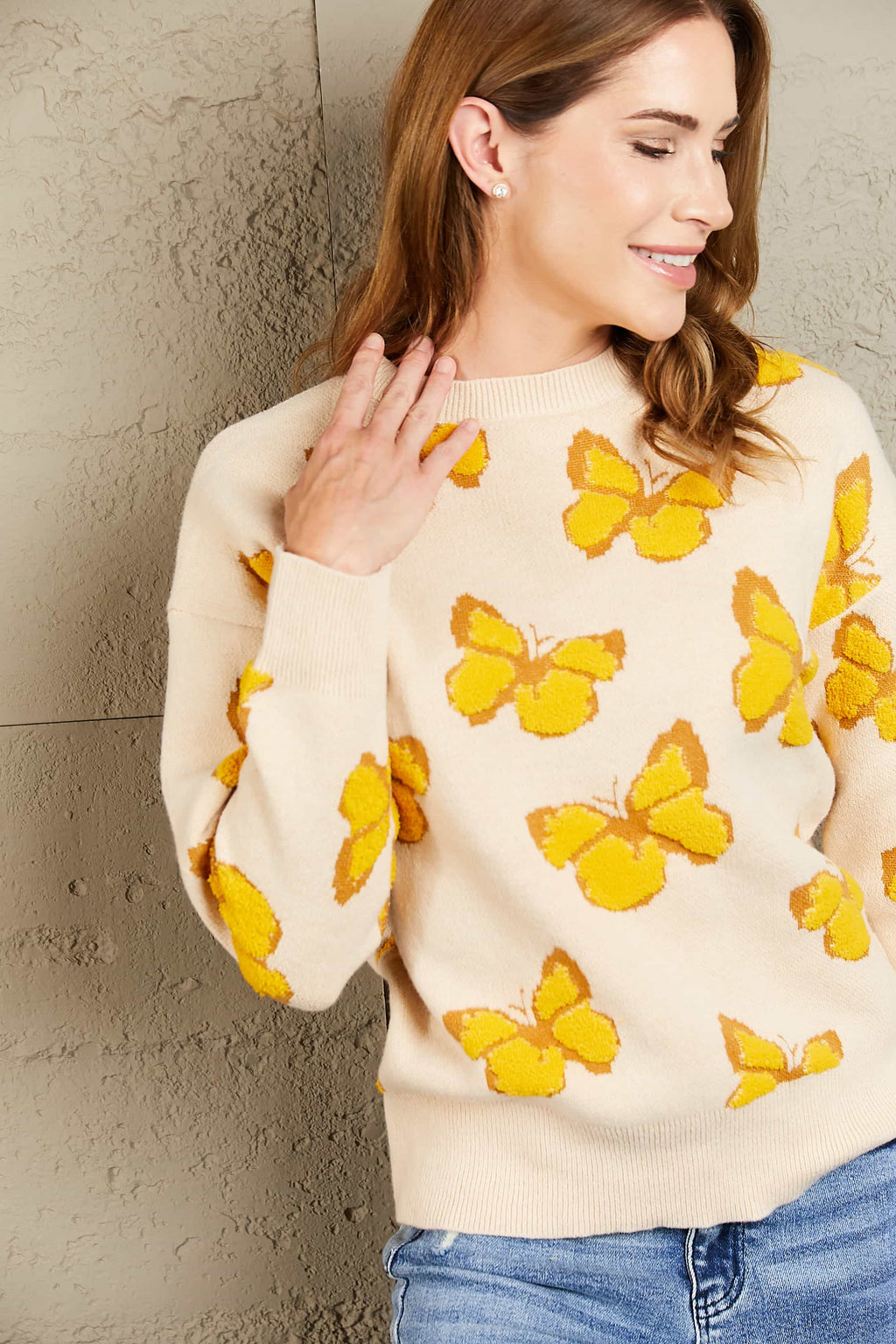 Butterfly Dropped Shoulder Crewneck Sweater (5)