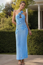 Crochet Flower Halter Neck Knit Dress (19)