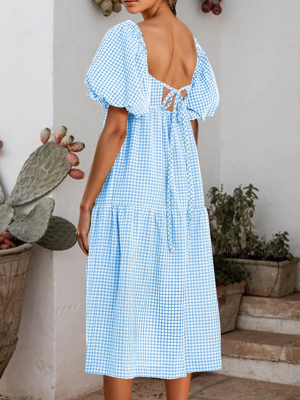 Plaid Square Neck Short Sleeve Dress (3)