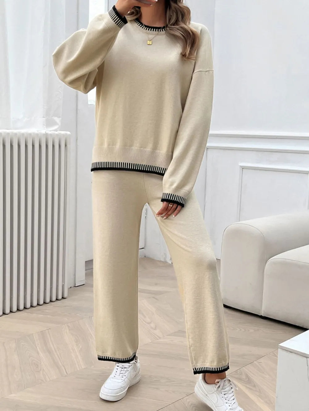 Round Neck Dropped Shoulder Top Pants Sweater Set (10)