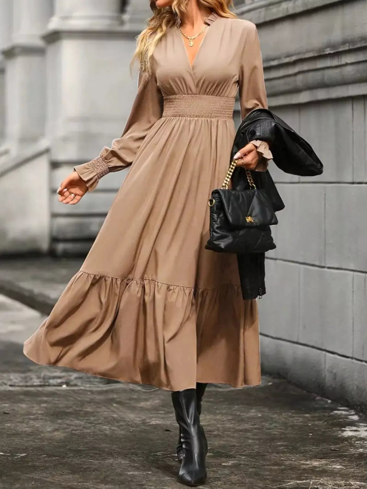 Surplice Long Sleeve Tiered Midi Dress (19)