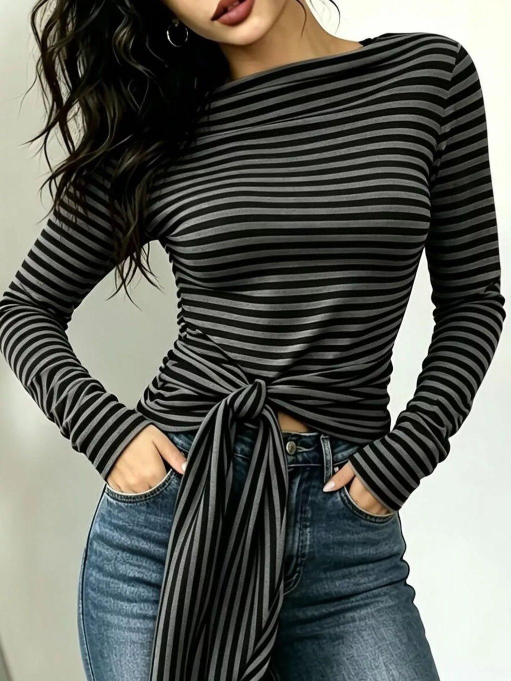 Long Sleeve Striped T-shirt Front Tie Detail (2)