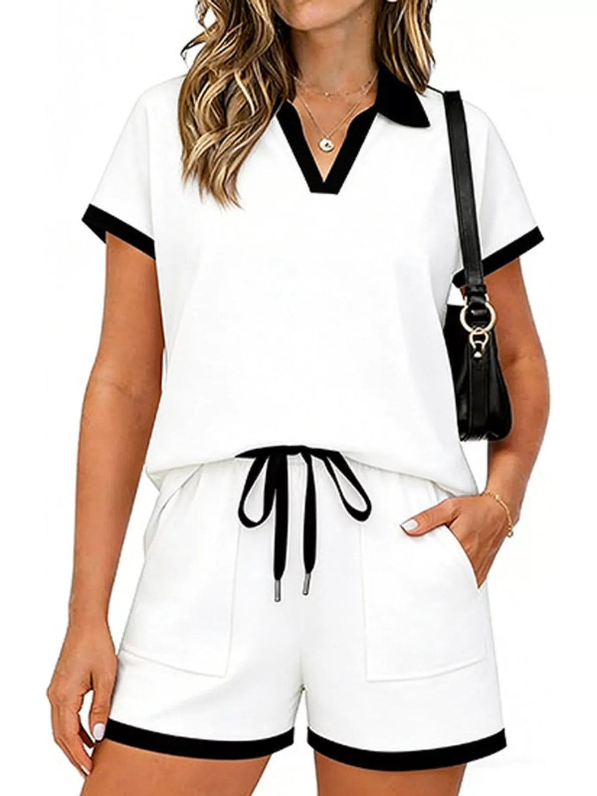 Polo Collar Short Sleeve Top Shorts Set (10)