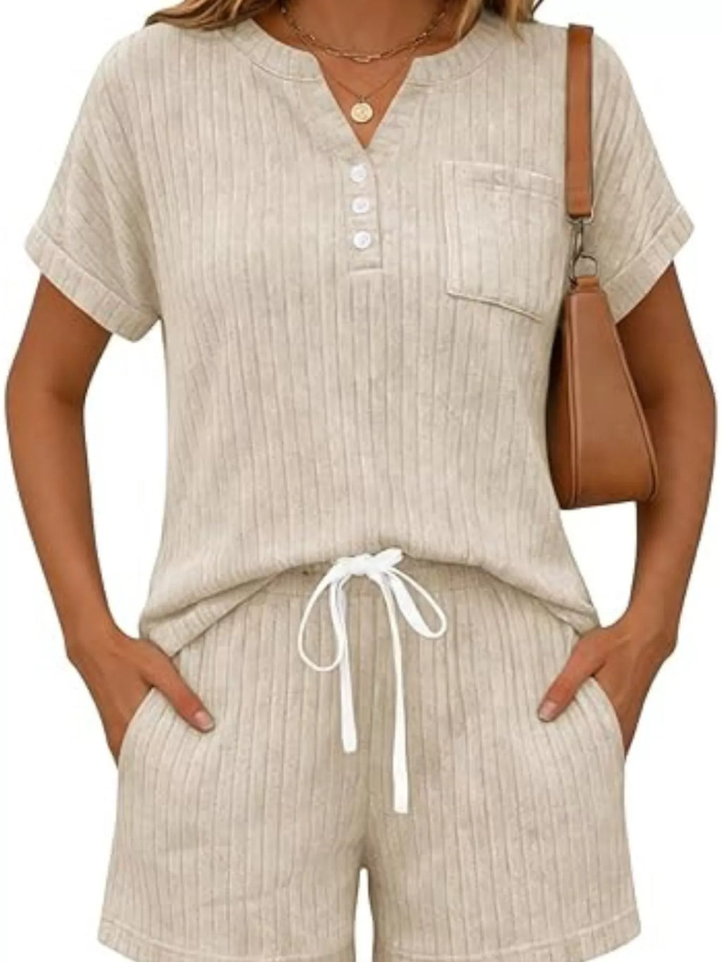 Casual Ribbed Knit Tee Shorts Set (9)