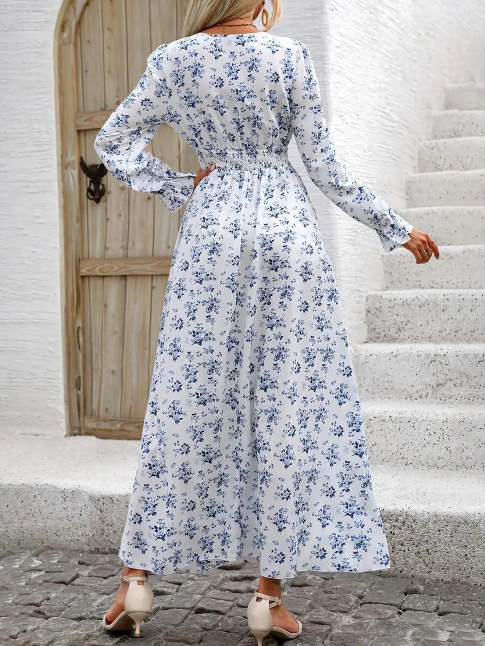 Smocked Printed V-neck Flounce Sleeve Dress (14)