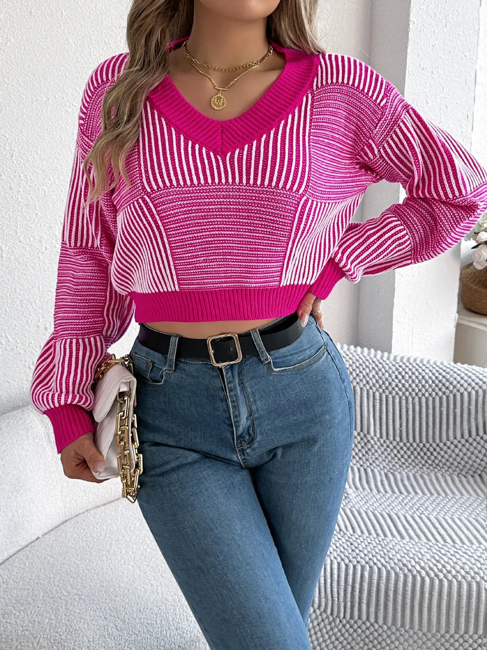 Striped V-neck Long Sleeve Sweater (5)