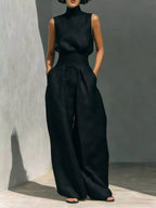 Full Size Turtleneck Sleeveless Top Wide Leg Pants Set Plus