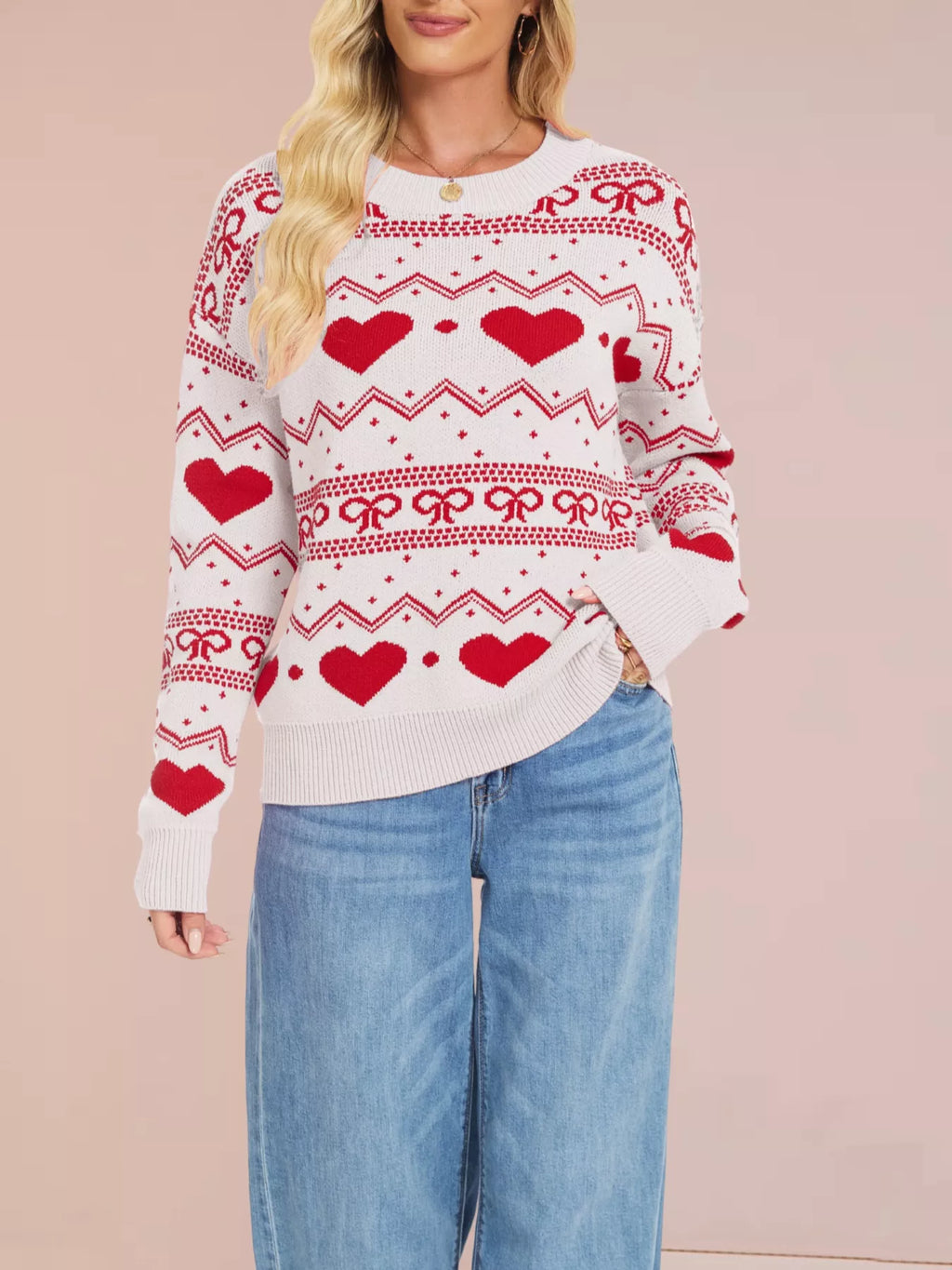 Heart Bow Pattern Round Neck Sweater (11)