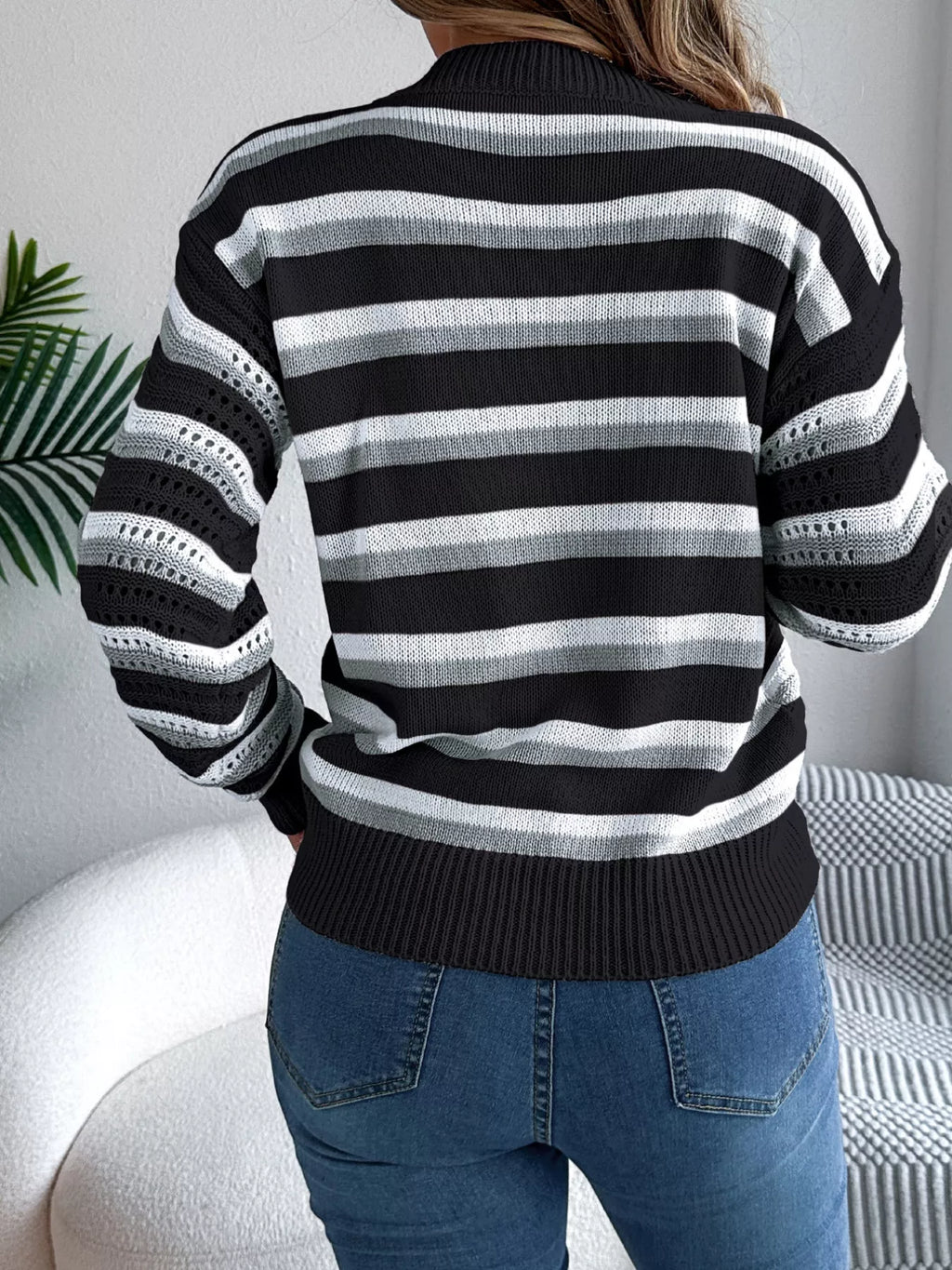 Striped Round Neck Long Sleeve Sweater (2)
