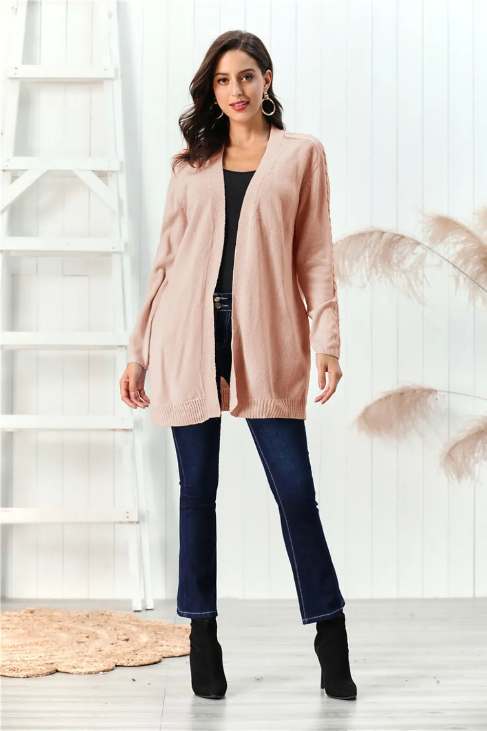 Cable-knit Open Front Long Sleeve Cardigan (6)