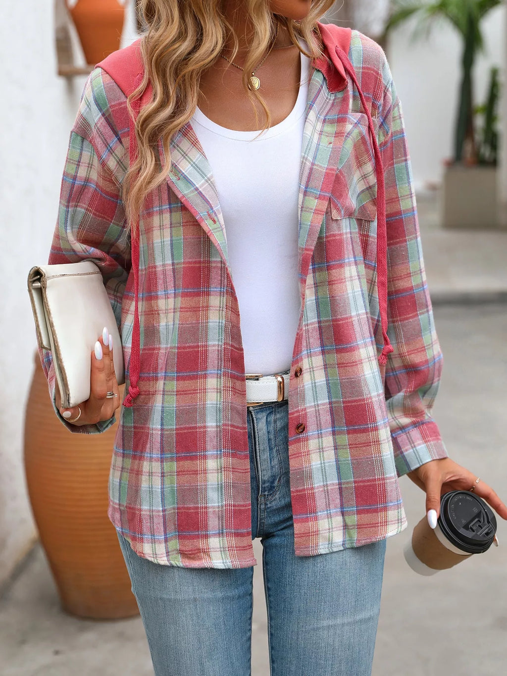 Plaid Button-up Hooded Shirt Chest Pocket (17)