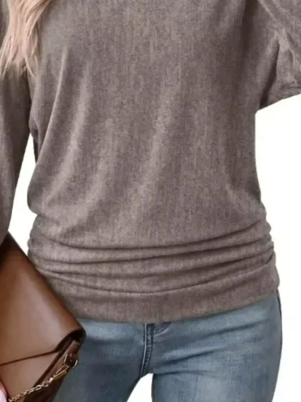 Long Sleeve Crew Neck Casual T-shirt Ruched Hem (12)