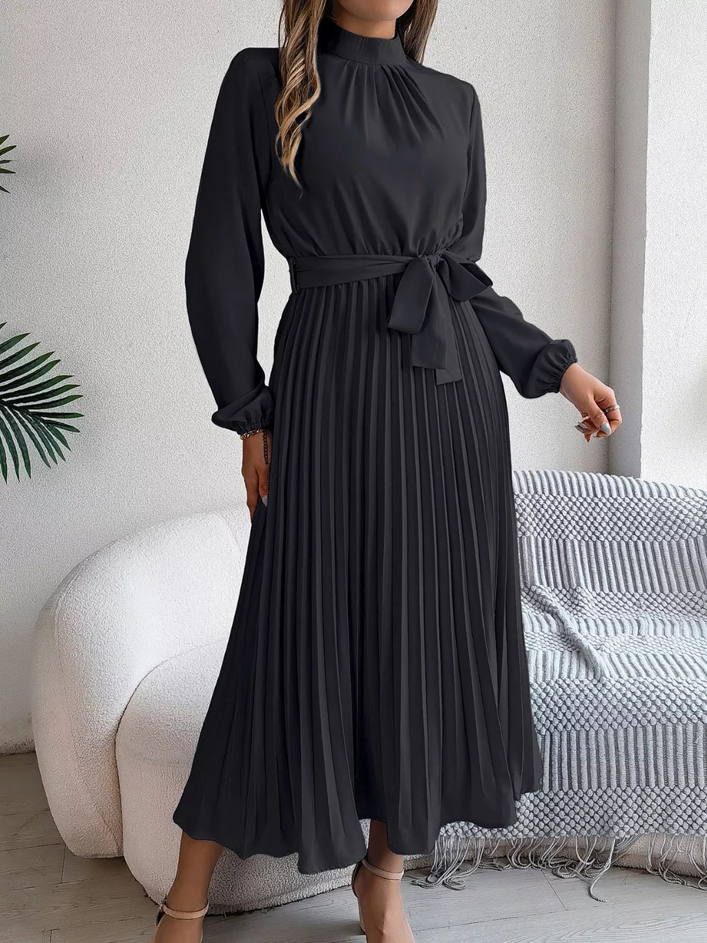 Mock Neck Pleated Midi Dress (20)