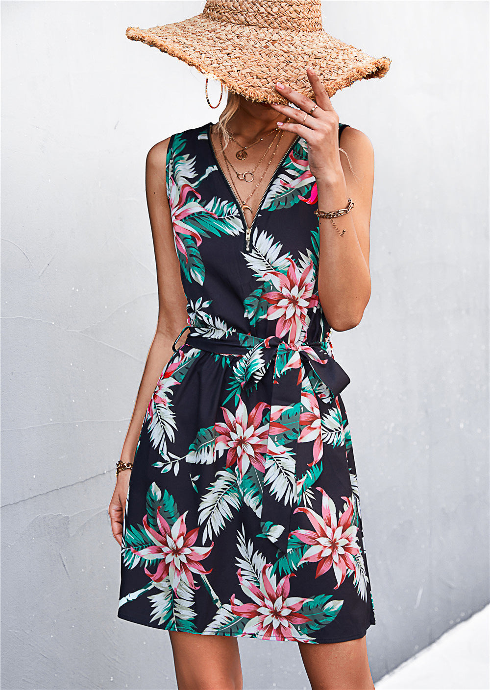 Printed Zip Detail Belted Sleeveless Dress (24)