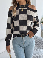 Cold Shoulder Checkered Long Sleeve Sweater (5)