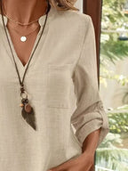 Casual Notched Roll-up Sleeve Pocket Blouse (6)