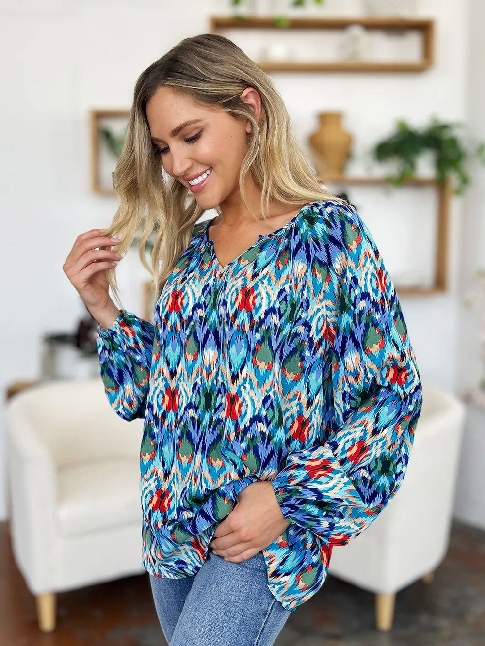 Full Size Printed Balloon Sleeve Blouse (18)