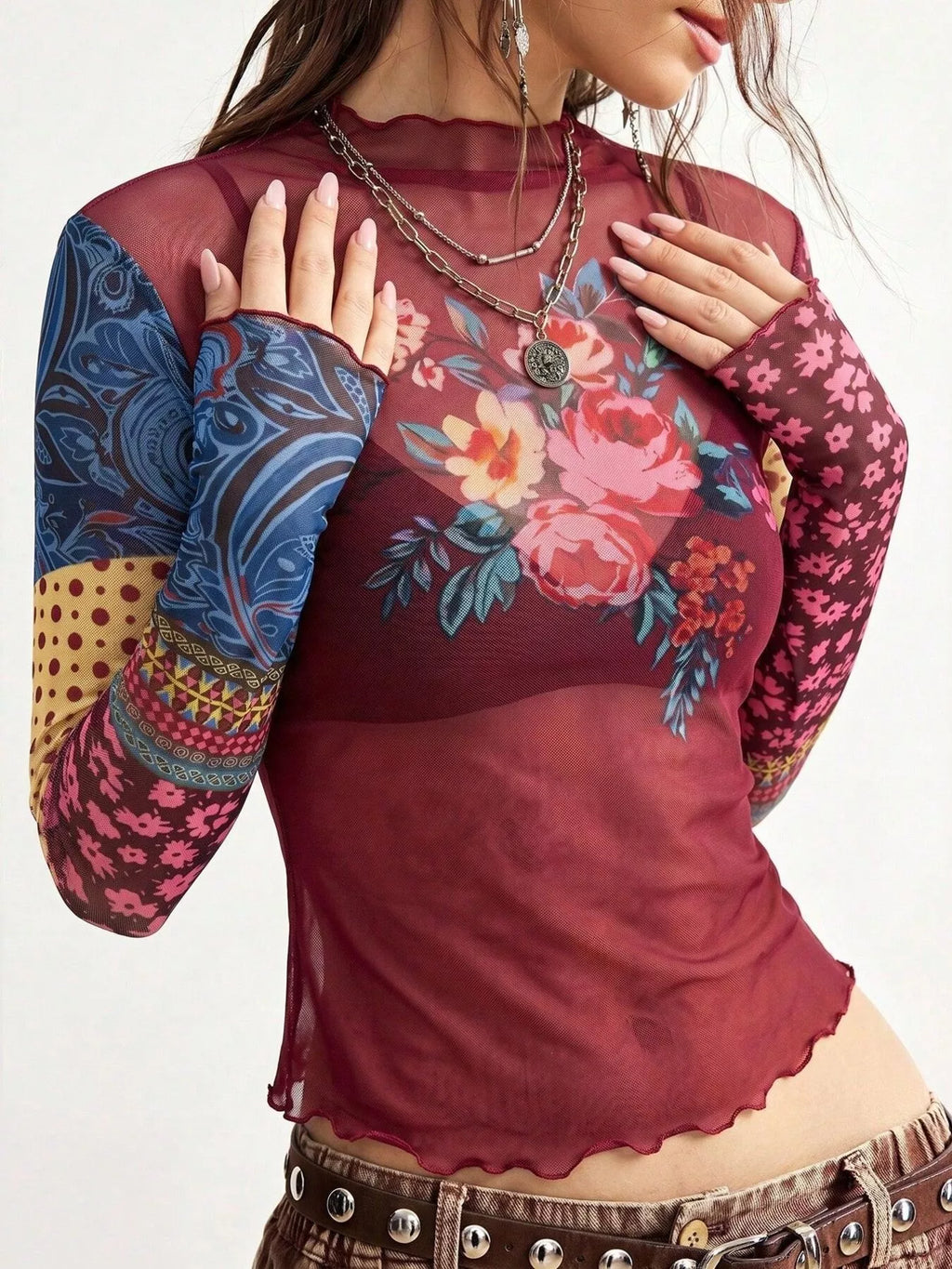 Floral Print Mesh Mock Neck Long Sleeve Top (2)
