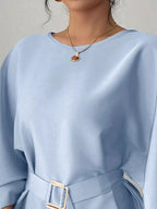 Round Neck Belt Batwing Sleeve Blouse (26)