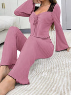 Lace Detail Flare Sleeves Top Pants Lounge Set (3)