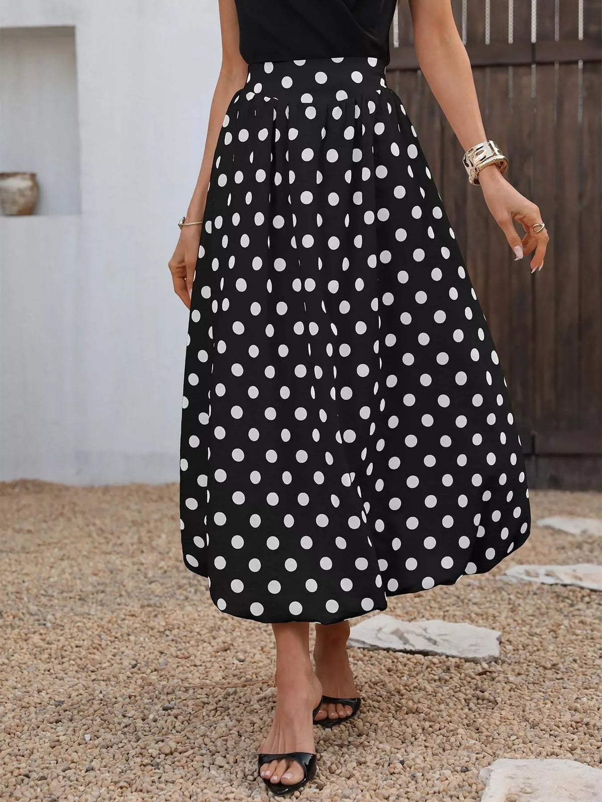 High-waisted Polka Dot A-line Midi Skirt (5)