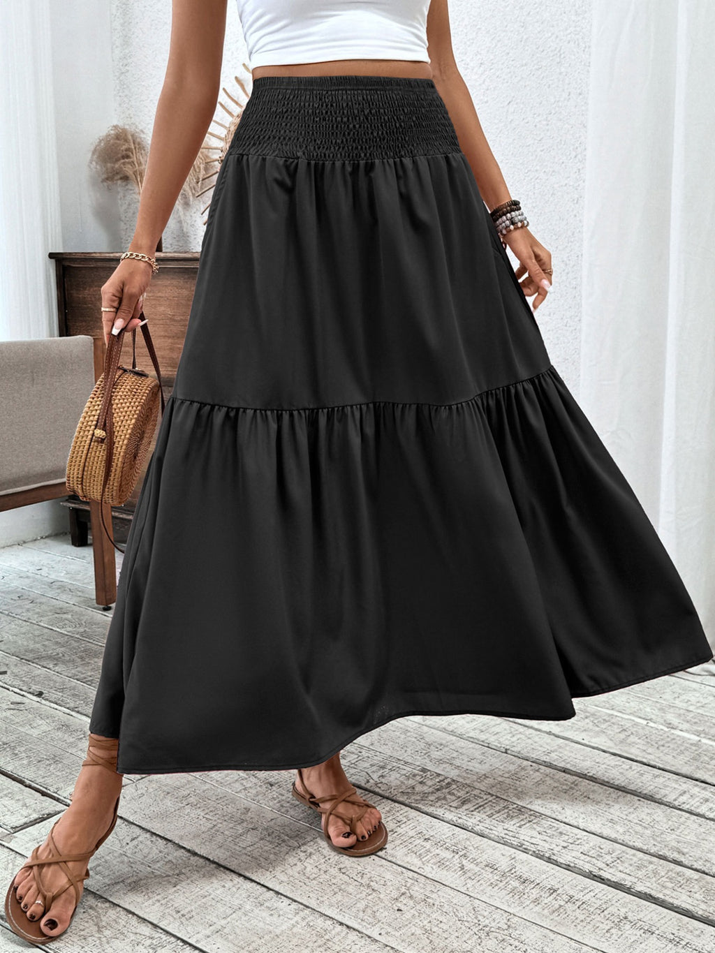 Smocked Waist Tiered Skirt (11)