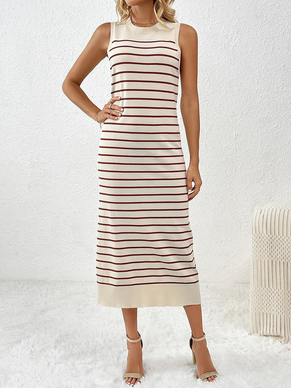 Round Neck Sleeve Midi Knit Dress (4)