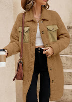 Collared Neck Long Sleeve Longline Teddy Jacket (7)