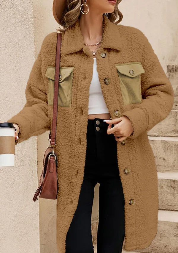 Collared Neck Long Sleeve Longline Teddy Jacket (7)