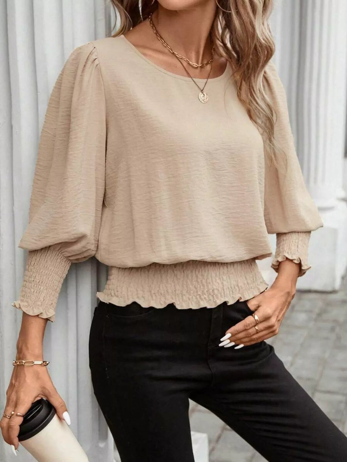 Smocked Waist Round Neck Blouse (30)