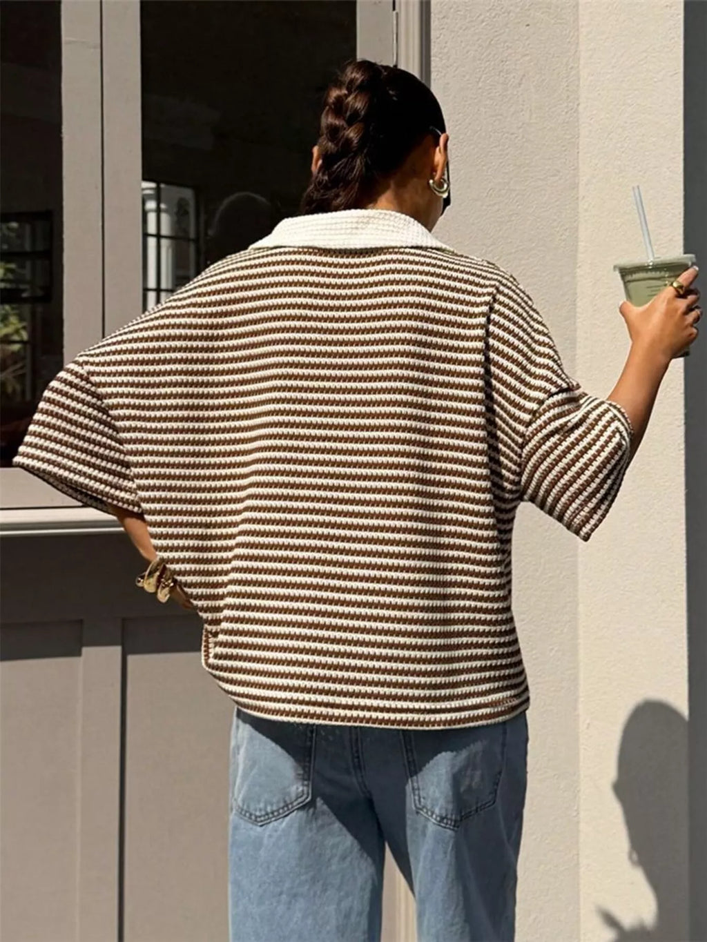 Striped Knit 3/4 Sleeve Polo Top (4)