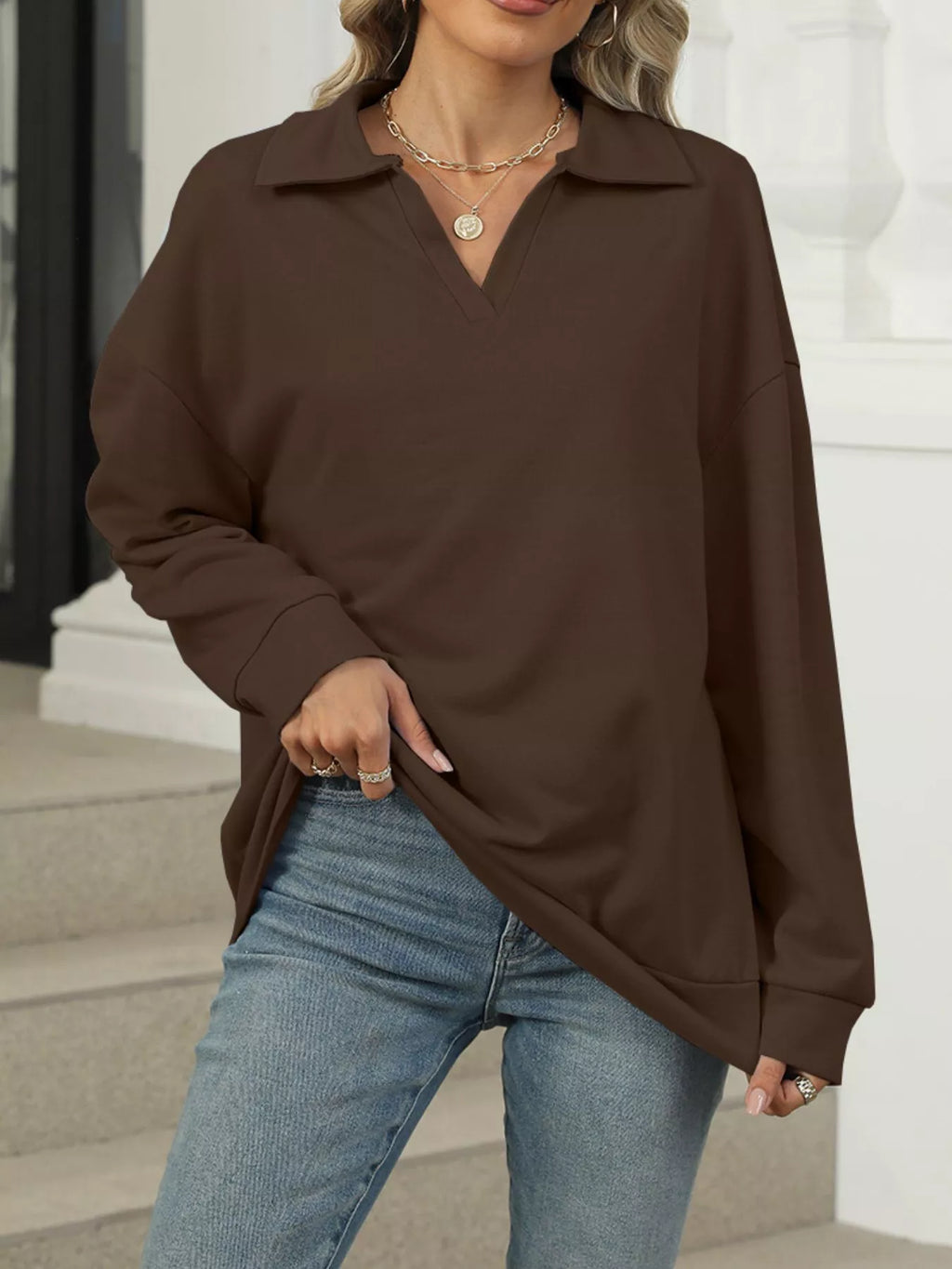 Johnny Collar Drop Shoulder Long Sleeve Sweatshirt (14)