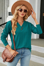 Decorative Button V-neck Long Sleeve T-shirt (5)
